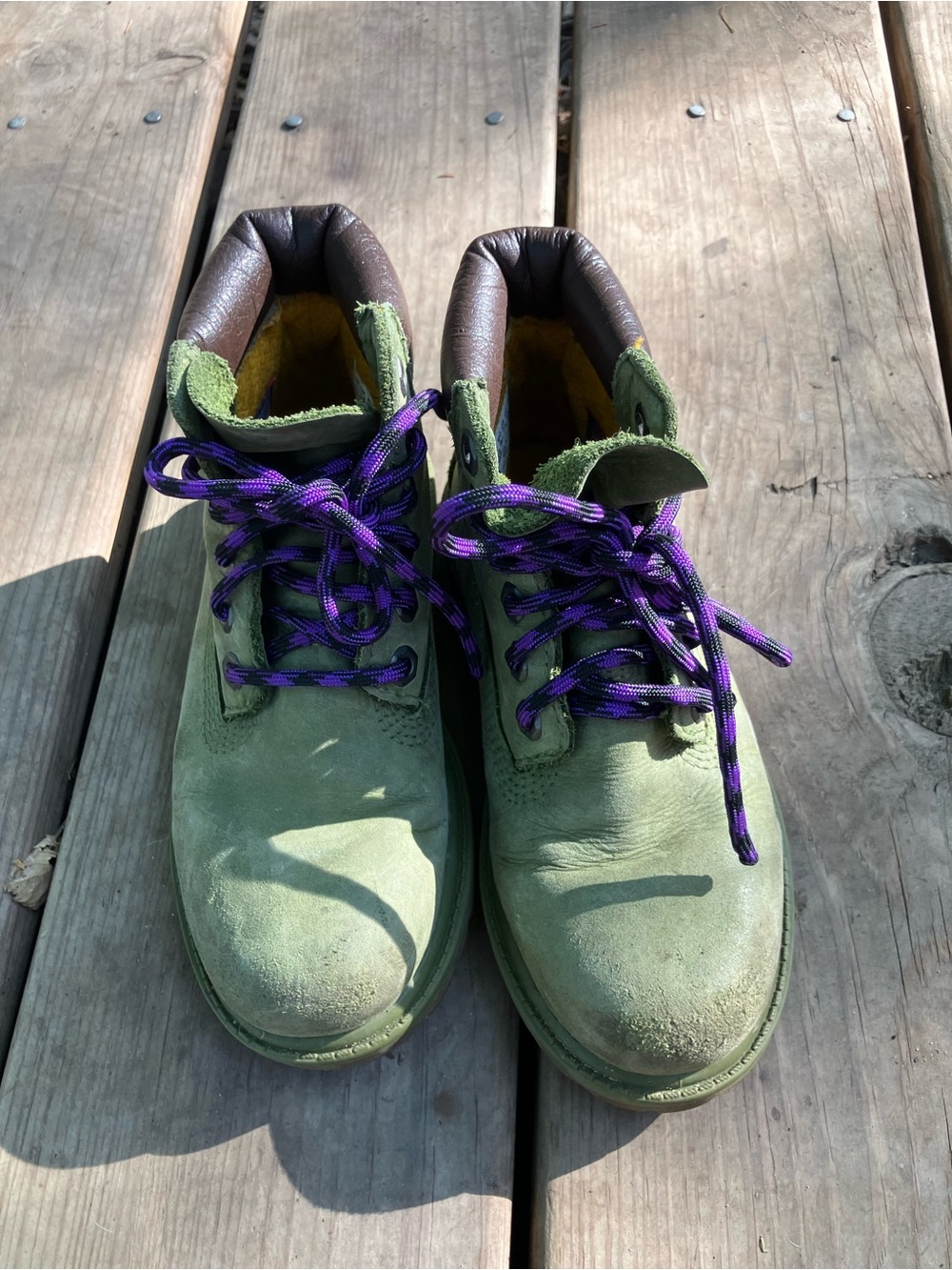 Timberland Green Kids Boots with Purple Laces